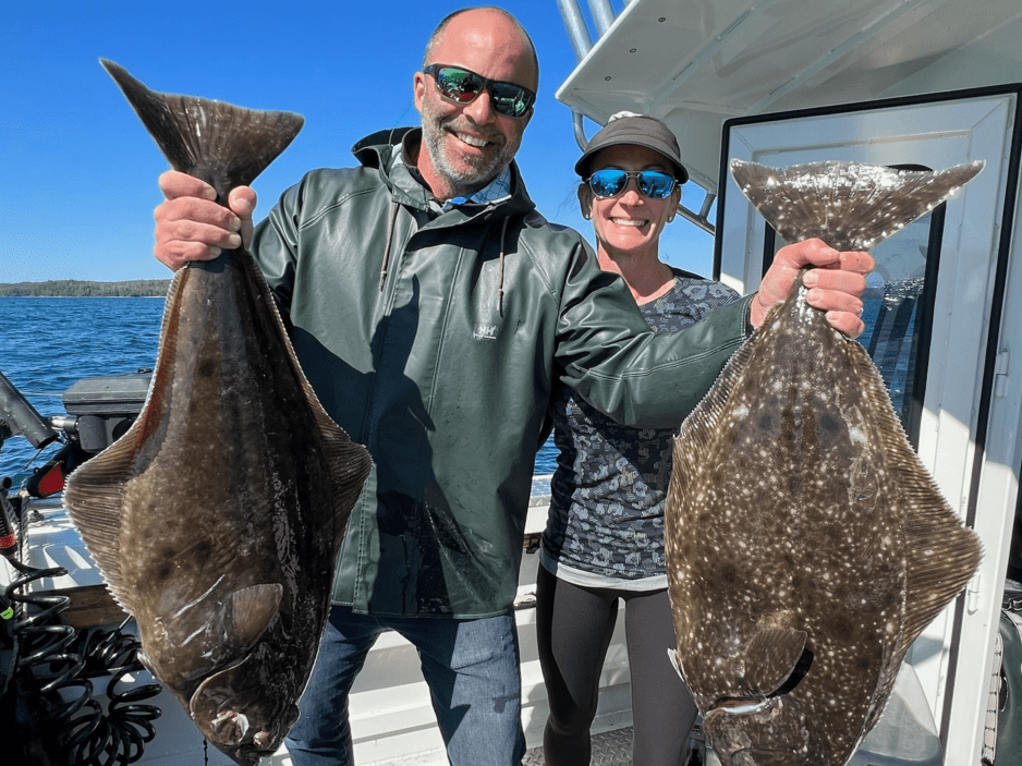 A couple out on a Ketchikan Fishing Company halibut charter.