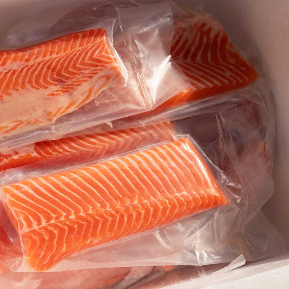 Vacuum sealed salmon in a cooler over dry ice