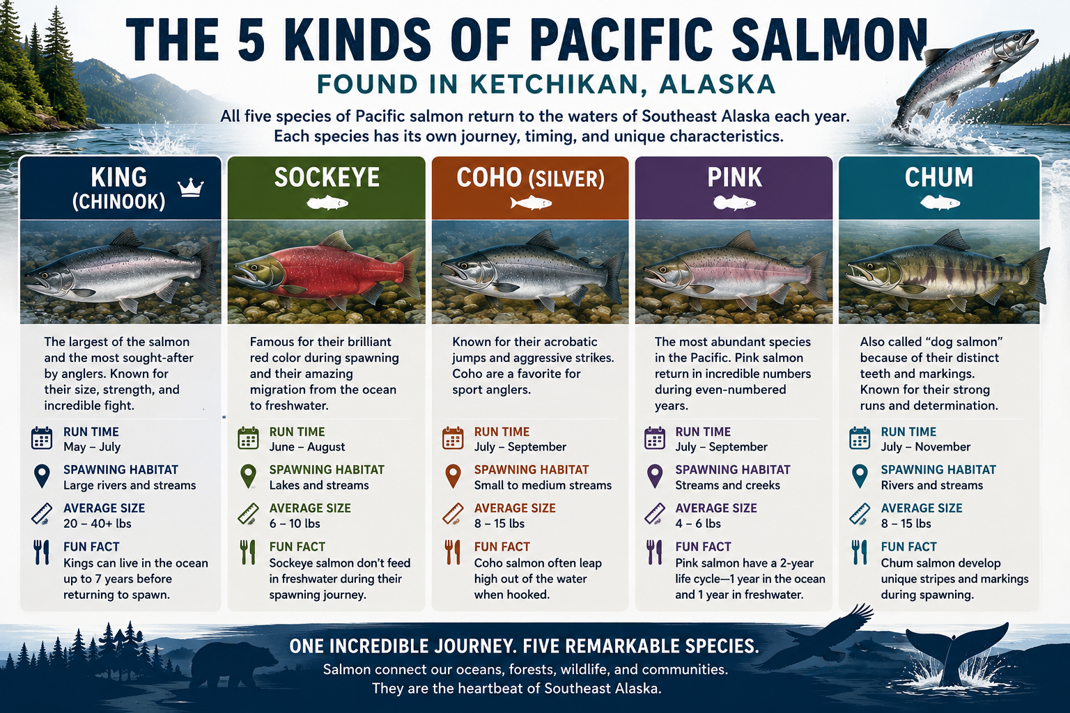 A chart showing the 5 kinds of Pacific salmon by Ketchikan Fishing Company