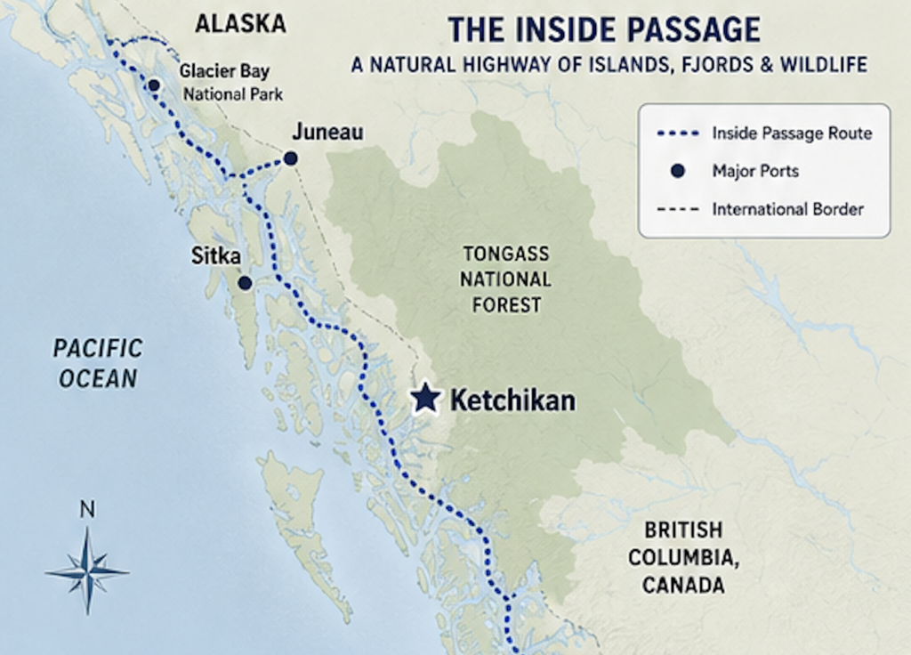 A map of the Inside Passage in Southeast Alaska
